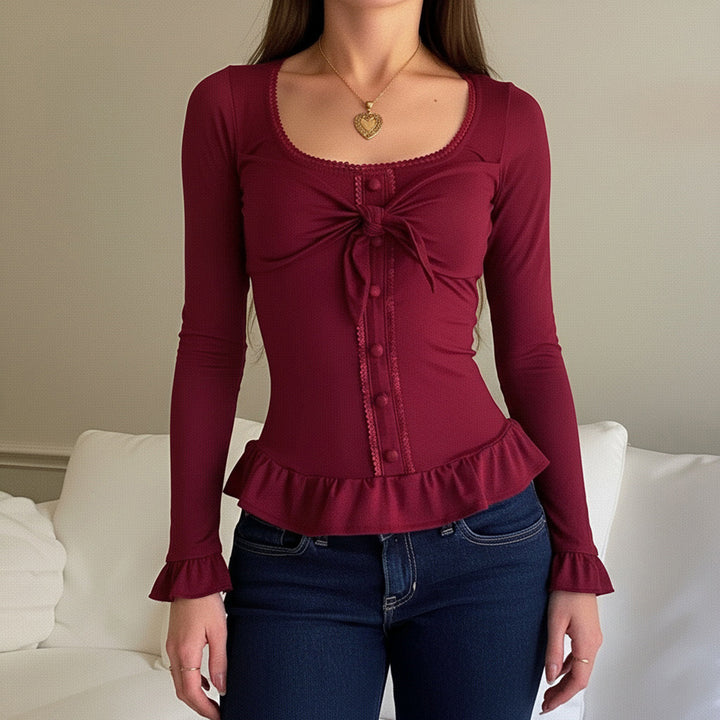 Damen Tailliertes Langarm-Cropped-Top mit Zierschleife, Knopfleiste und Volantbund Drune