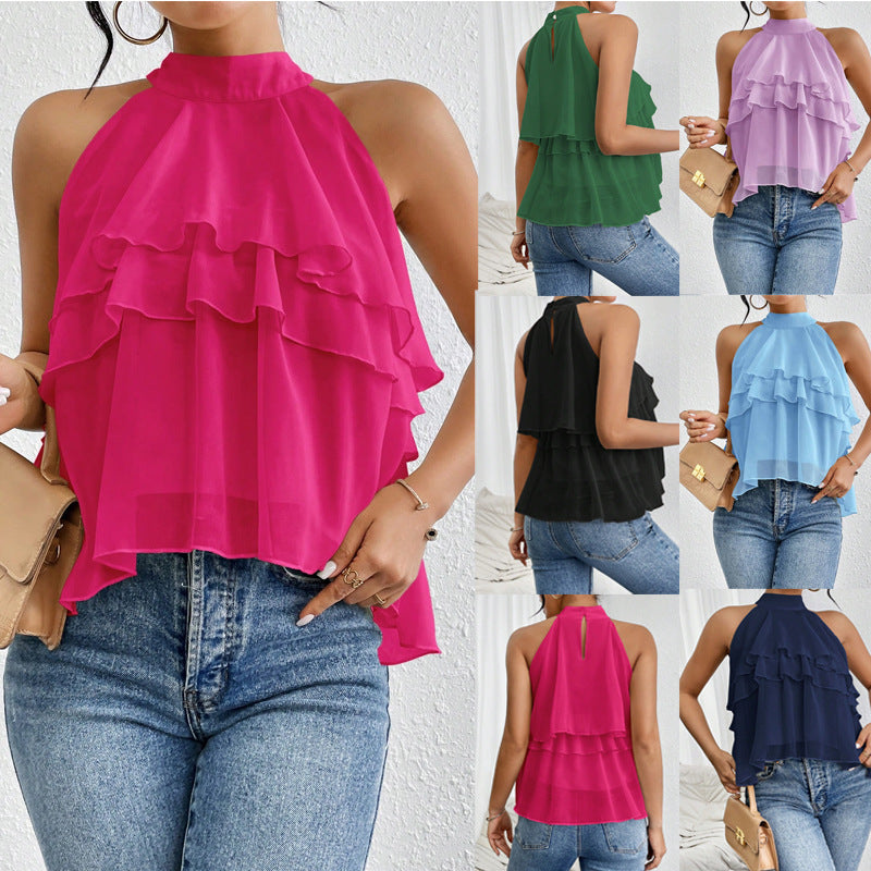 Damen Luftiges Chiffon-Top mit Stehkragen und mehrlagigen Volants Drune