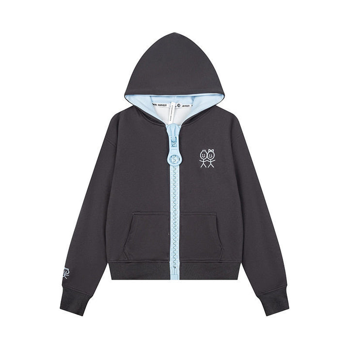Damen Kapuzen-Sweatjacke mit übergroßem Reißverschluss und minimalistischer Stickerei Drune