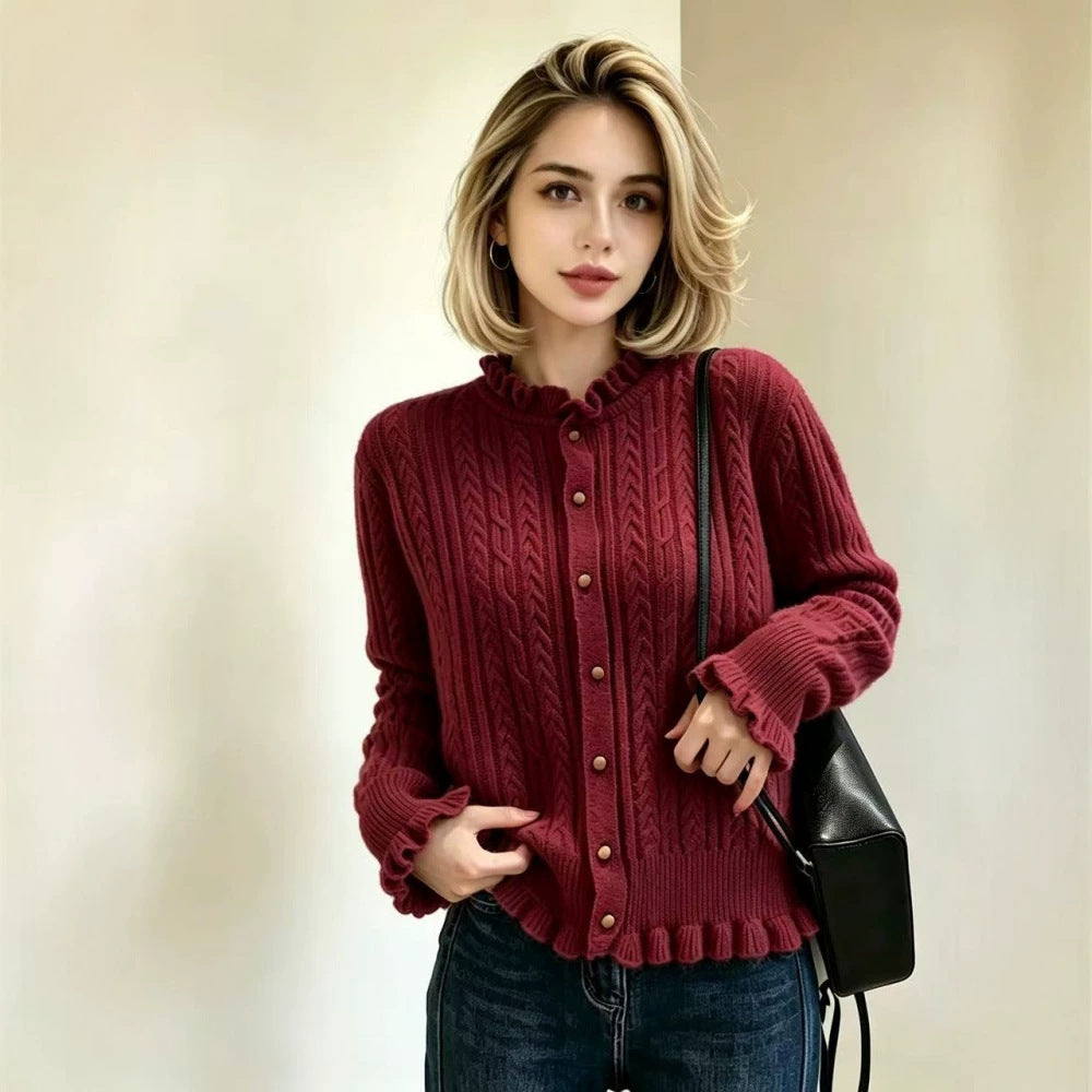 Damen Elegante Strickjacke mit Rüschendetails Drune