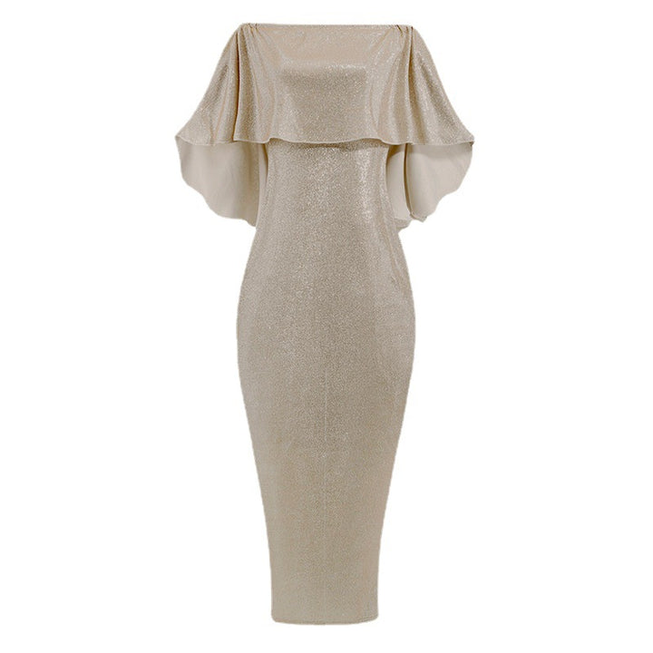 Damen Abend-Jumpsuit mit schulterfreiem Cape-Einsatz und glitzerndem Stretchstoff Drune