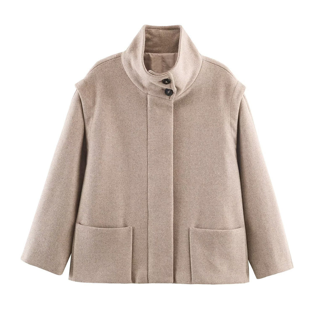 Damen Kurzer Boxy-Wollmix-Mantel mit hohem Stehkragen und verdeckter Knopfleiste Drune