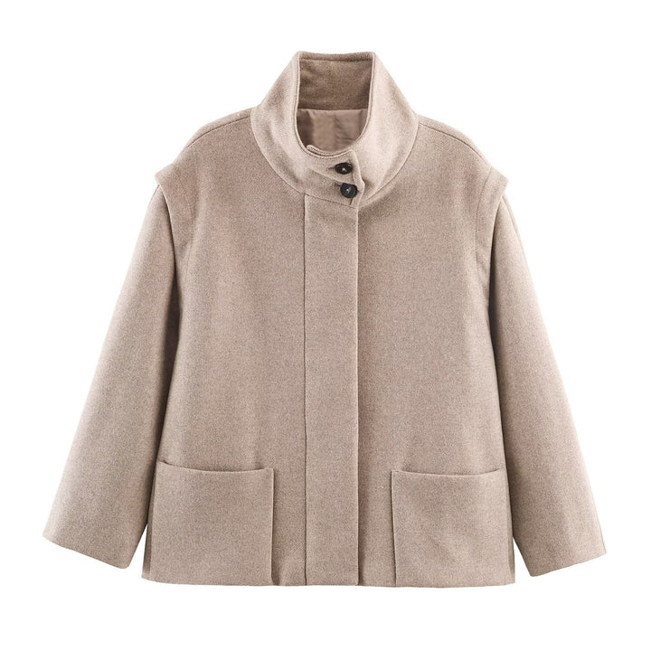 Damen Kurzer Boxy-Wollmix-Mantel mit hohem Stehkragen und verdeckter Knopfleiste Drune