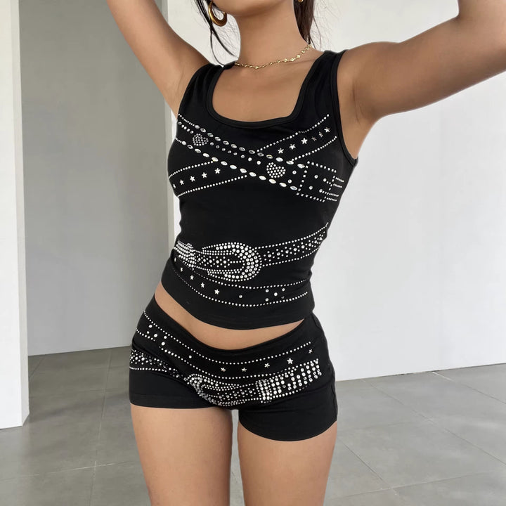 Damen ärmelloses Top mit Glitzer-Design und U-Ausschnitt Drune