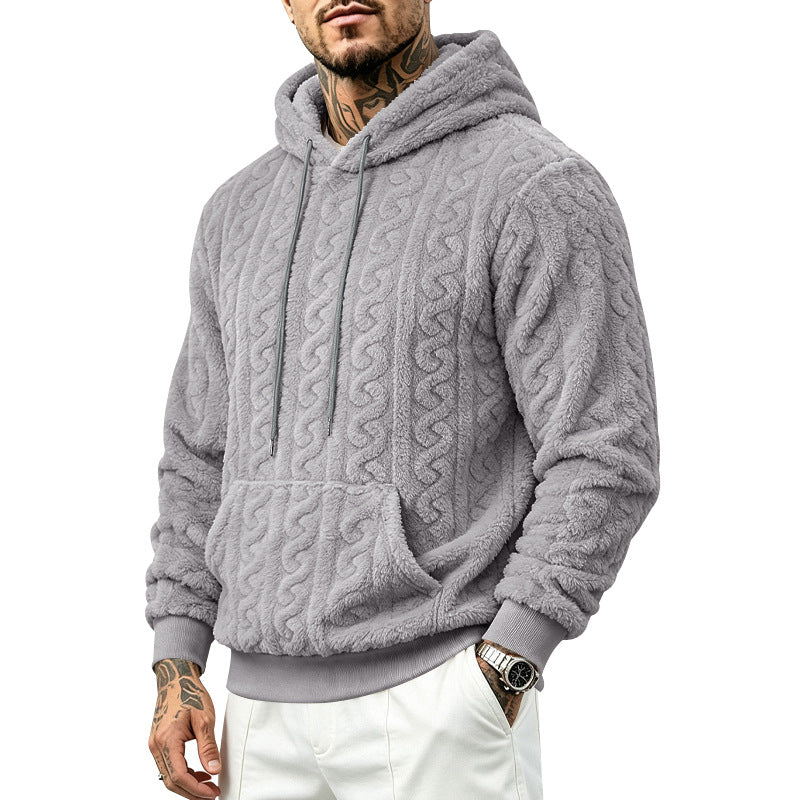 Herren Teddy-Fleecepullover mit Zopfmuster, Kapuze und Kängurutasche Drune
