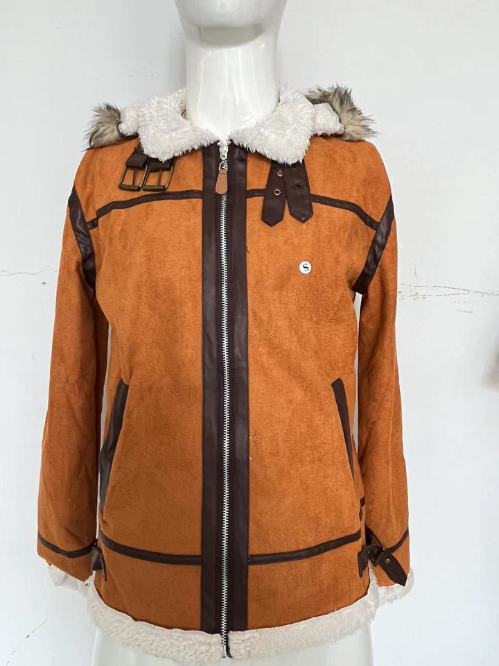 Damen Wildlederoptik Fliegerjacke mit Kunstfellkapuze und Schnallen Drune