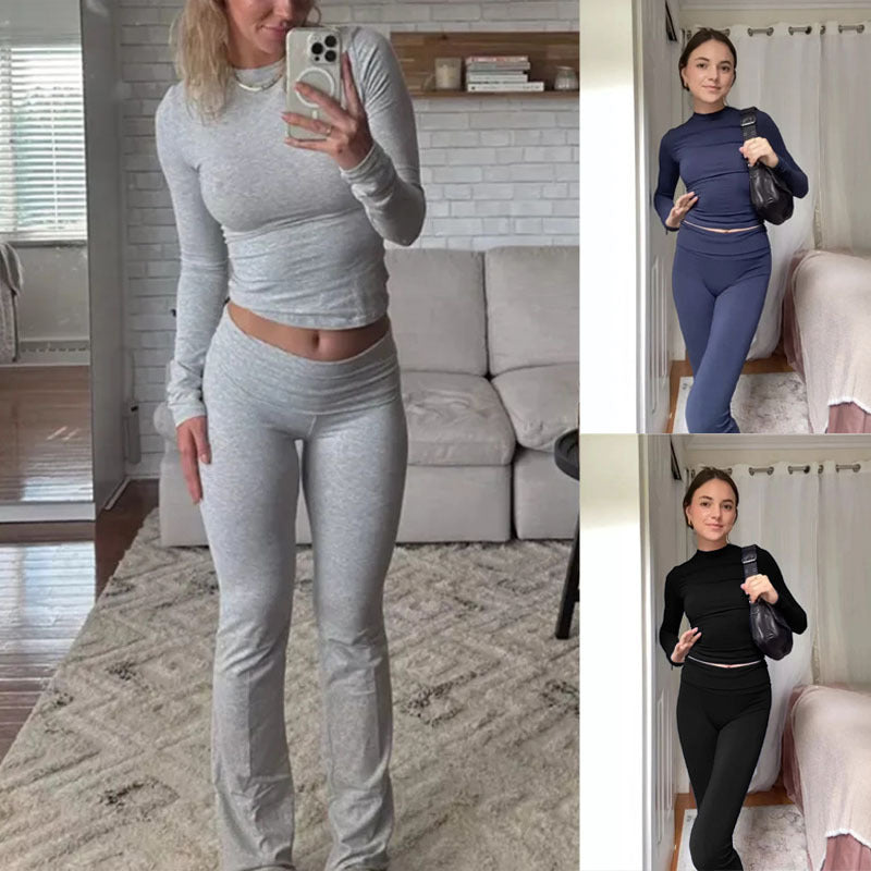 Damen Nahtloses Sport-Set mit Langarm-Cropped-Top und High-Waist Leggings Drune