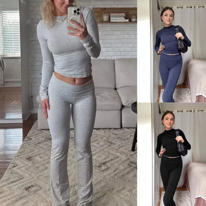 Damen Nahtloses Sport-Set mit Langarm-Cropped-Top und High-Waist Leggings Drune