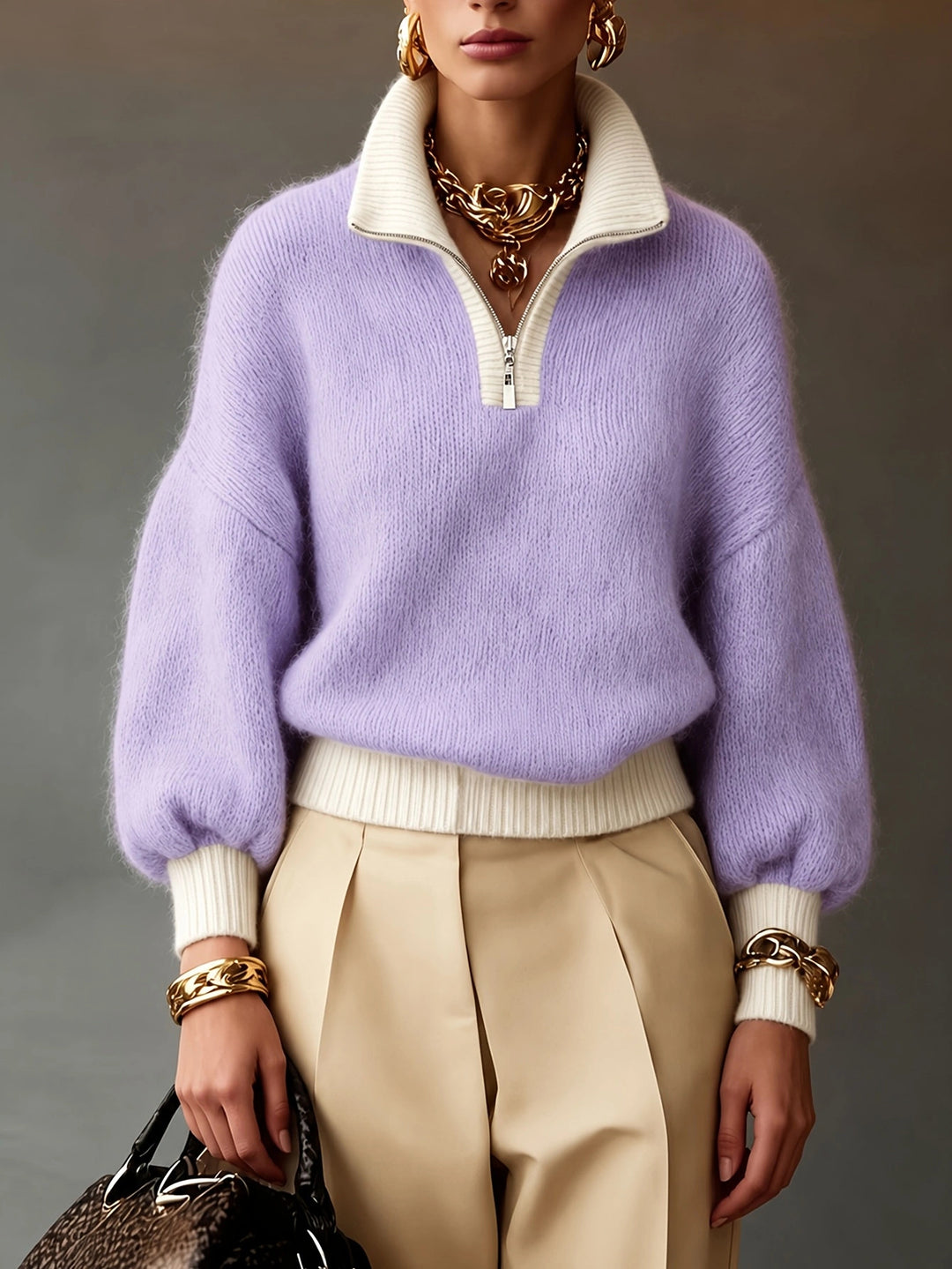 Damen Flauschiger Pullover mit halbem Reißverschluss, Stehkragen und Ballonärmeln Drune