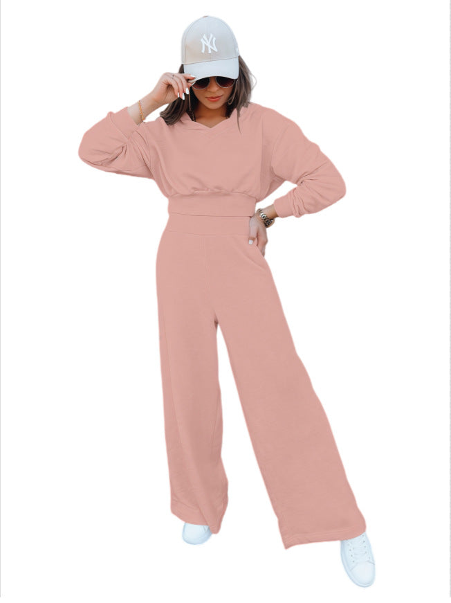 Damen Loungewear-Set mit Cropped V‑Ausschnitt-Pullover und hochtaillierter Palazzohose Drune