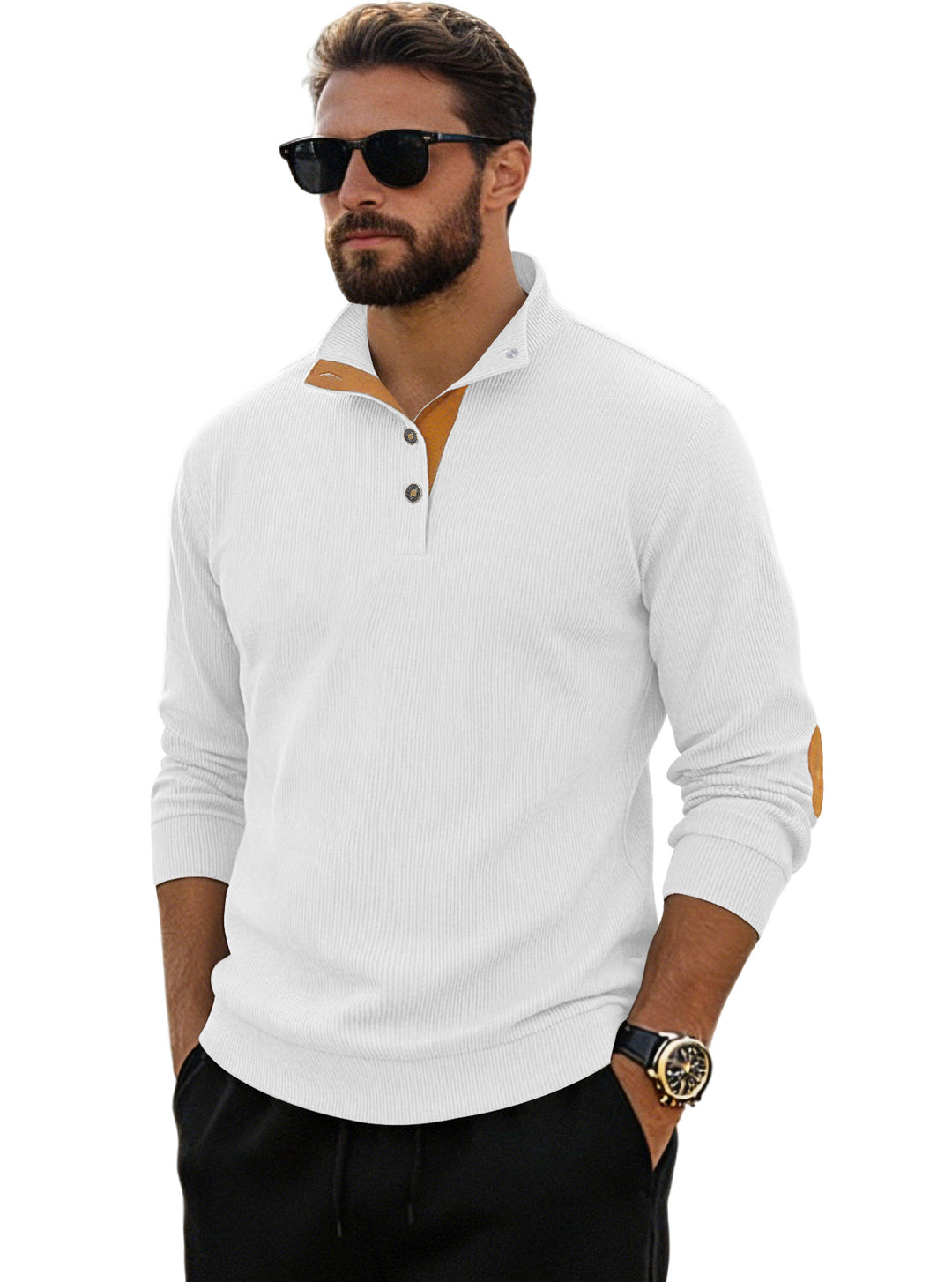 Herren nan fein gerippter Strickpullover mit Polokragen Knopfleiste und Ellenbogenbesatz Drune
