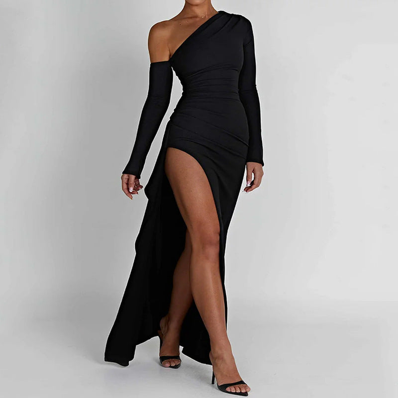 Damen Elegantes One-Shoulder Maxikleid mit schimmerndem Stoff und figurbetontem Schnitt Drune