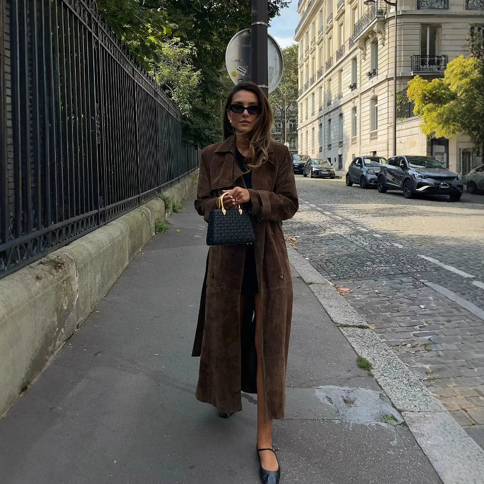 Damen elegante Kunstleder-Trenchcoat mit taillierbarem Gürtel Drune