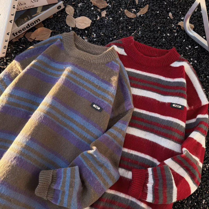 Unisex Gestreifter Oversize-Mohair‑Optik Pullover mit Rundhals und weicher Struktur Drune