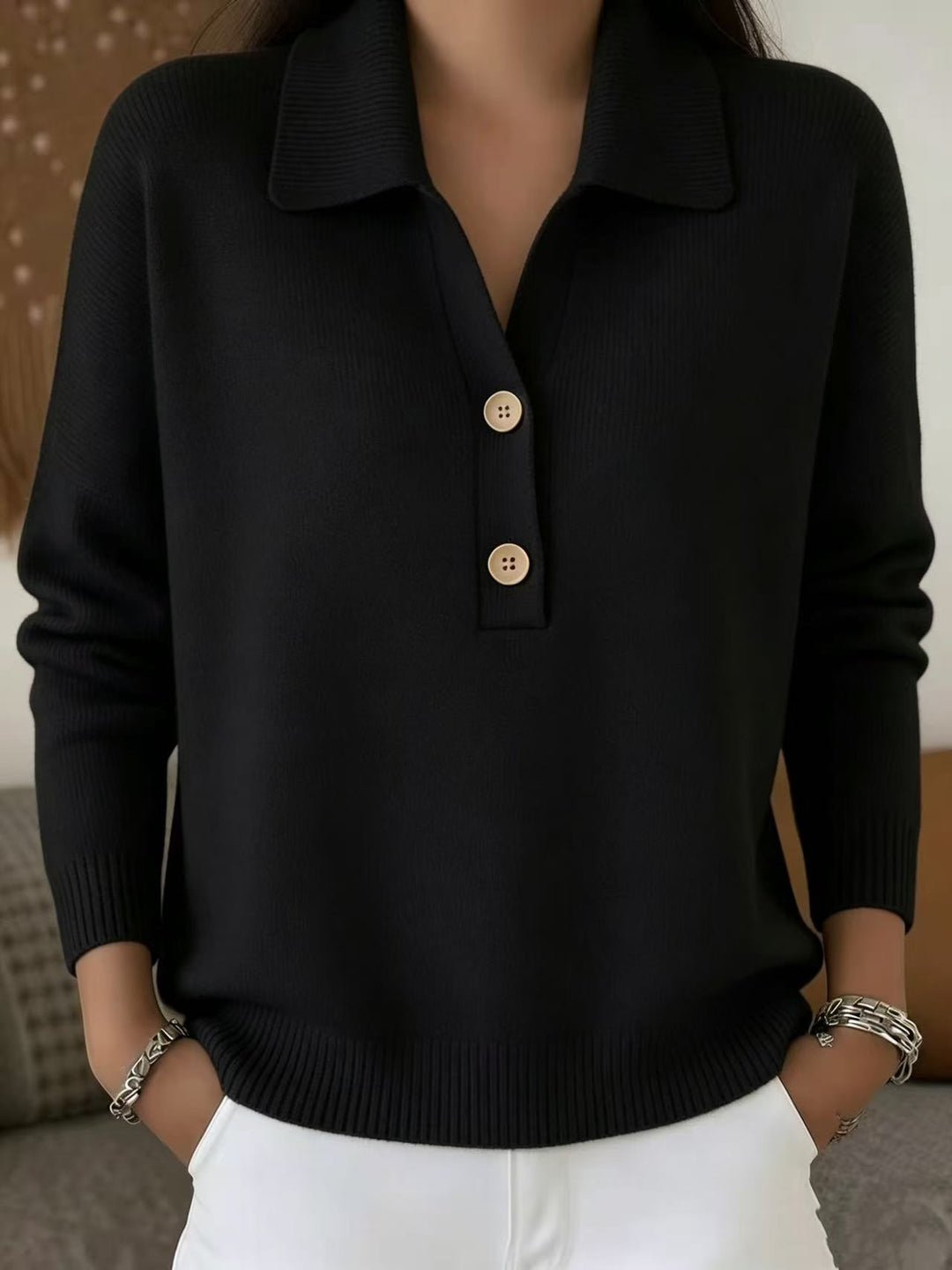 Damen lässiger Feinstrickpullover mit Polokragen und Zwei-Knopf-Leiste Drune