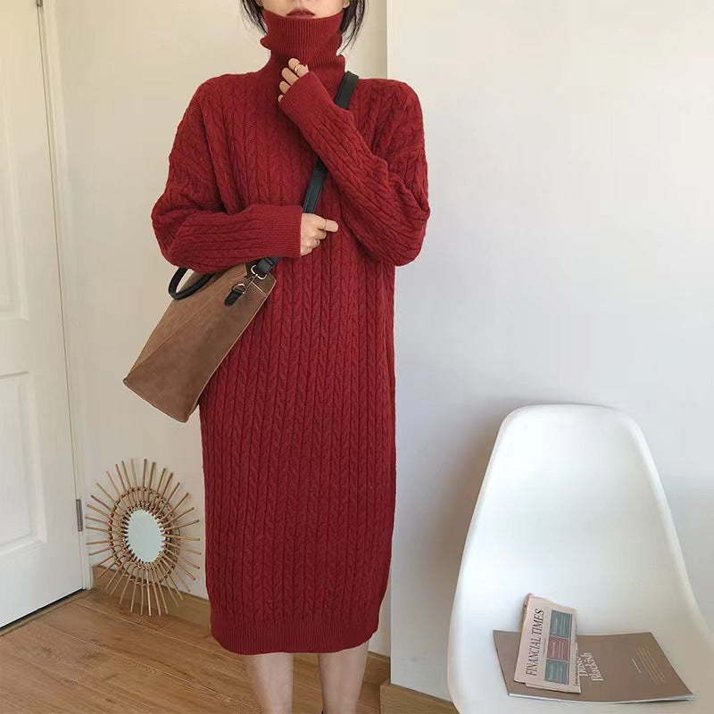 Damen Langes Strickkleid mit Zopfmuster und hohem Kragen Drune