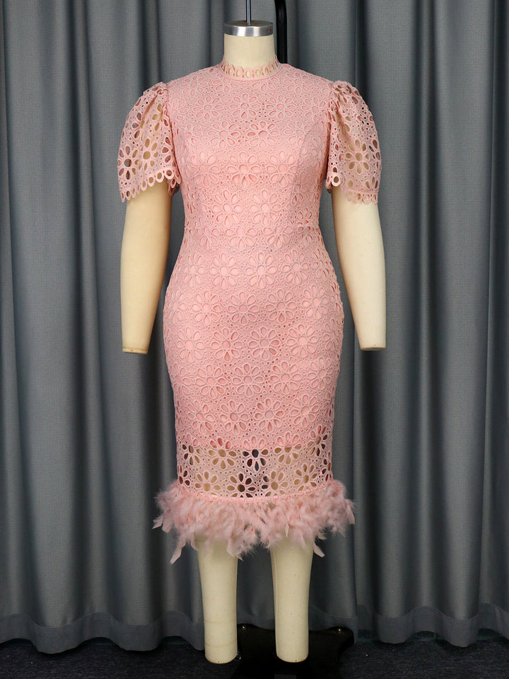 Damen Hochwertiges Spitzenkleid mit voluminösen Puffärmeln und fransigem Saum Drune