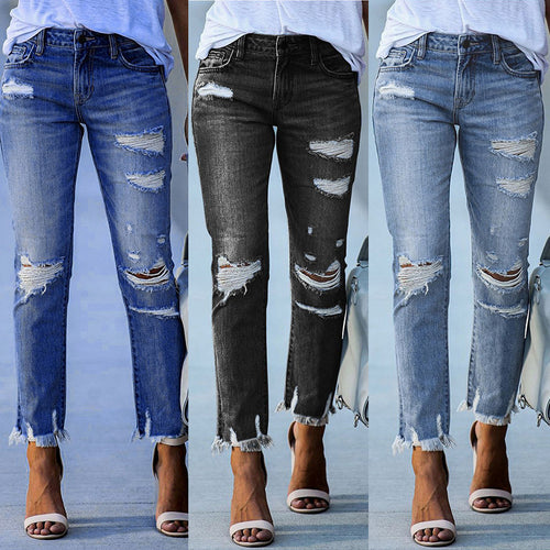 Damen Ripped High-Waist Jeans mit fransigem Saum und modischen Destroyed-Details Drune