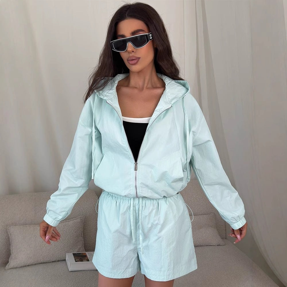 Damen Sportives Kurzarm-Set mit Kapuzenjacke und elastischem Bund