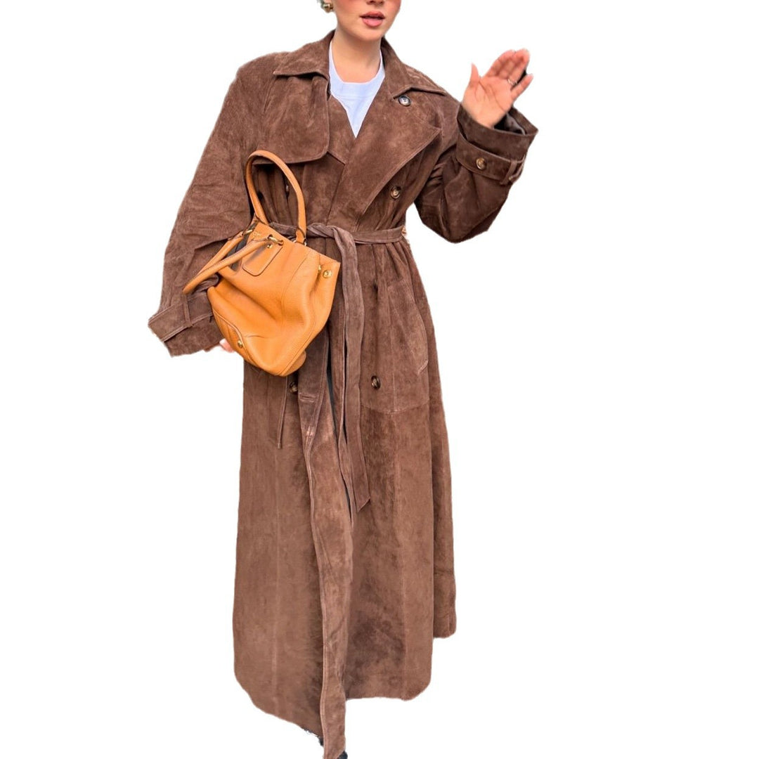 Damen Suede Trenchcoat mit Gürtel und eleganten Knopfdetails Drune