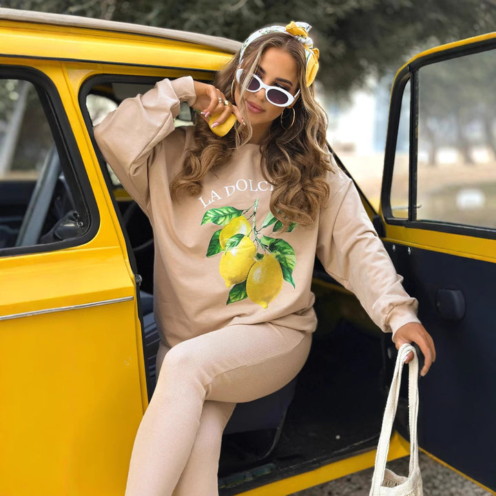 Damen lässiges Sweatshirt-Set mit Zitronenprint und gerippten Leggings Drune