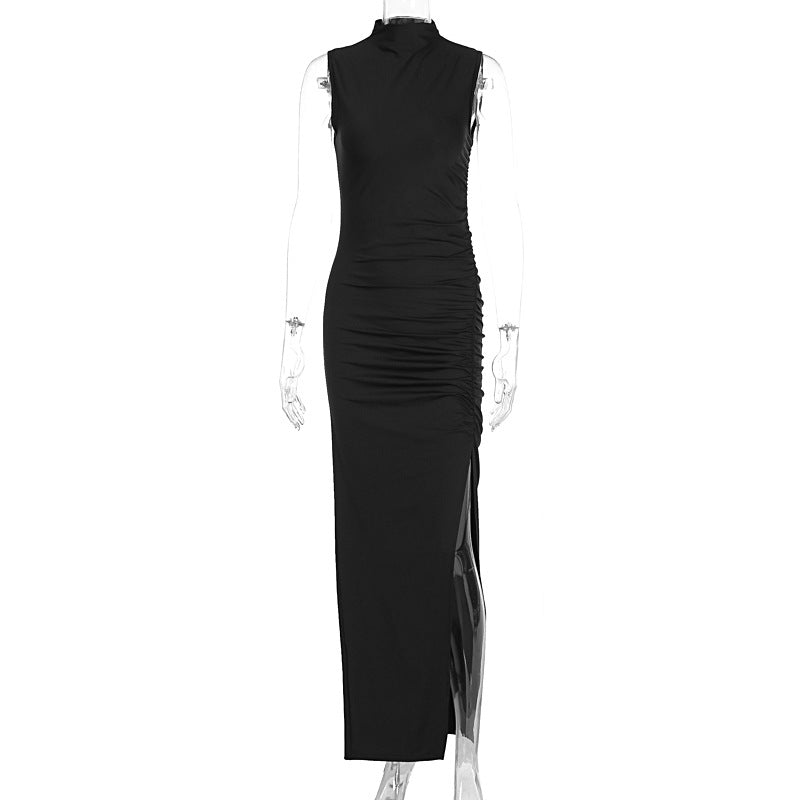 Damen Figurbetontes Maxikleid mit Stehkragen und geschmeidigem Rüschen-Design Drune