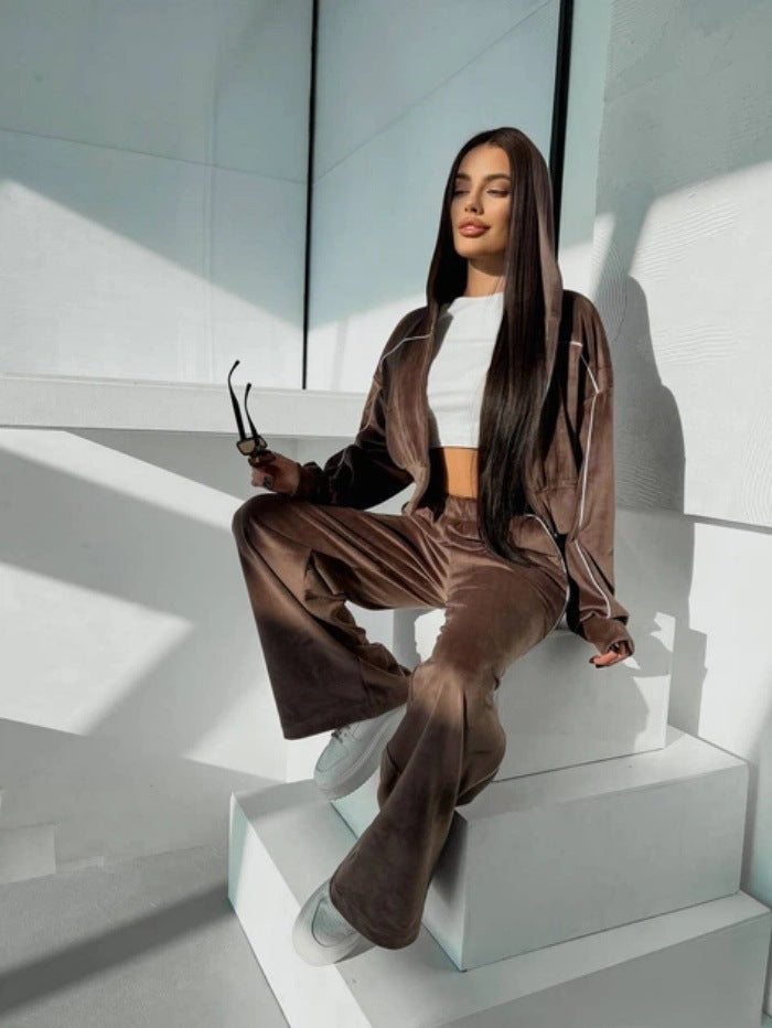 Damen Crop-Zip-Samtjacke und weite High-Waist Palazzo-Sweathose Set Drune
