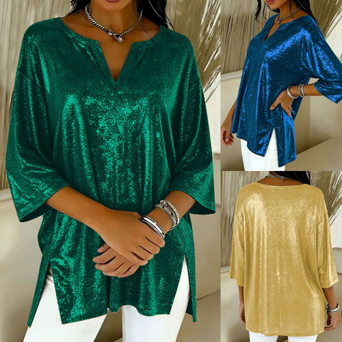 Damen Glänzendes Oversize-Tunika-Shirt mit V‑Ausschnitt und Seitenschlitzen Drune