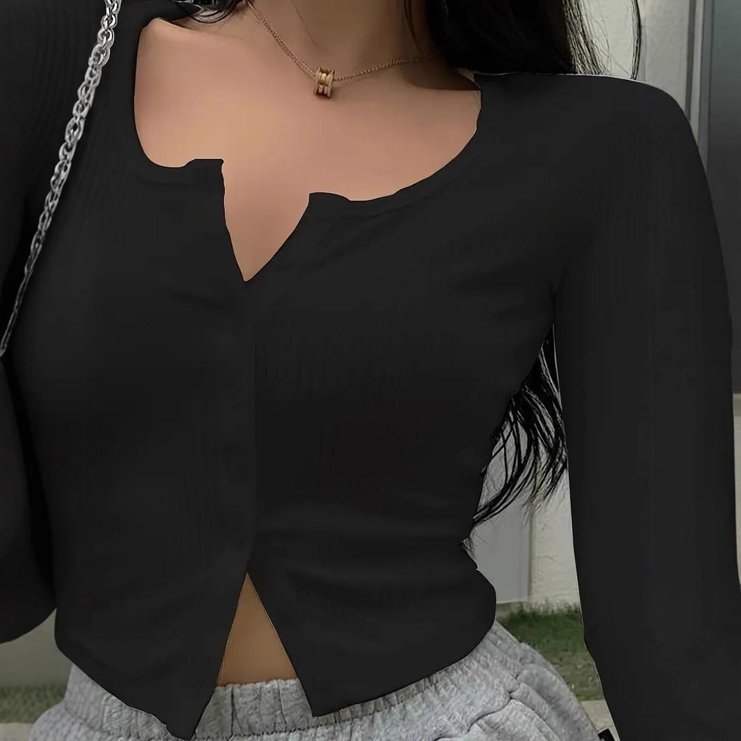 Damen Figurbetonter gerippter Cropped-Cardigan mit V-Ausschnitt und Knopfleiste Drune