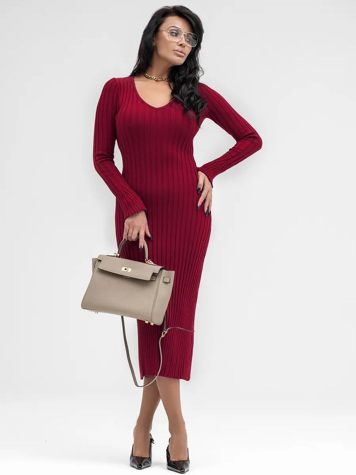 Damen Strickkleid mit tiefem V-Ausschnitt und Rippenstruktur Drune