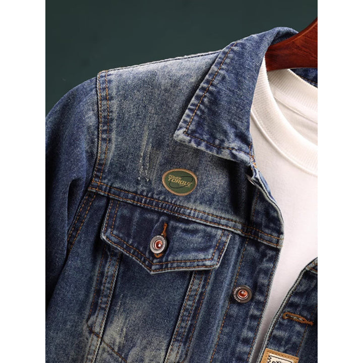 Herren Vintage-gewaschene Denimjacke mit Markenpatches, Brustklappen und geradem Schnitt Drune