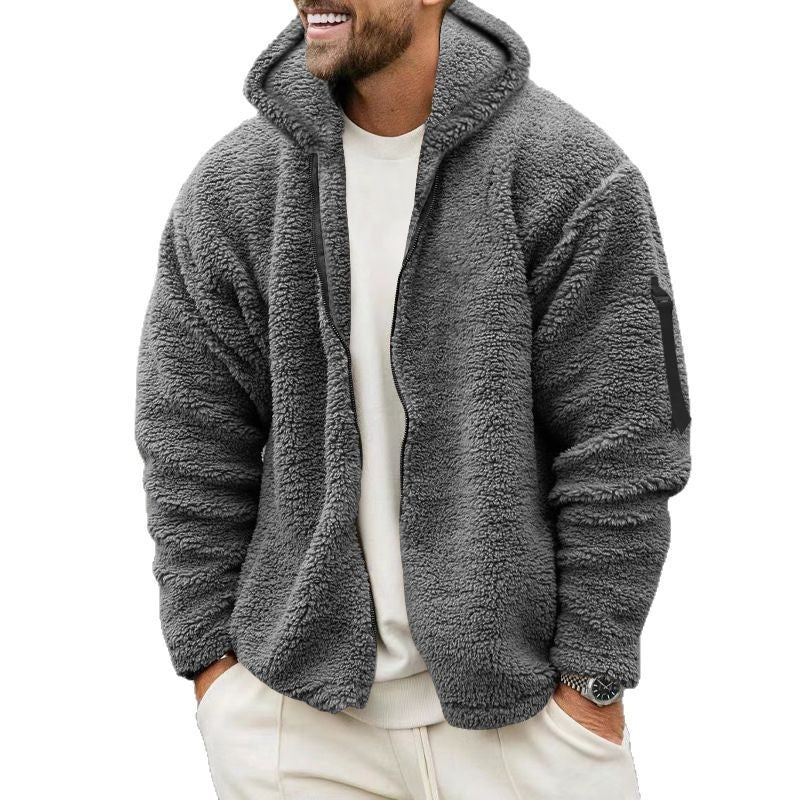 Herren nan Teddy-Fleece Zip-Jacke mit Kapuze, verdecktem Zwei-Wege-Reißverschluss und Ärmeltasche Drune
