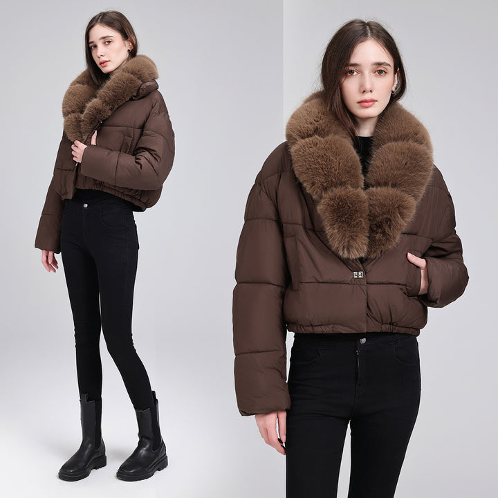 Damen Kurze gesteppte Puffer-Bomberjacke mit extra weitem Kunstfellkragen Drune