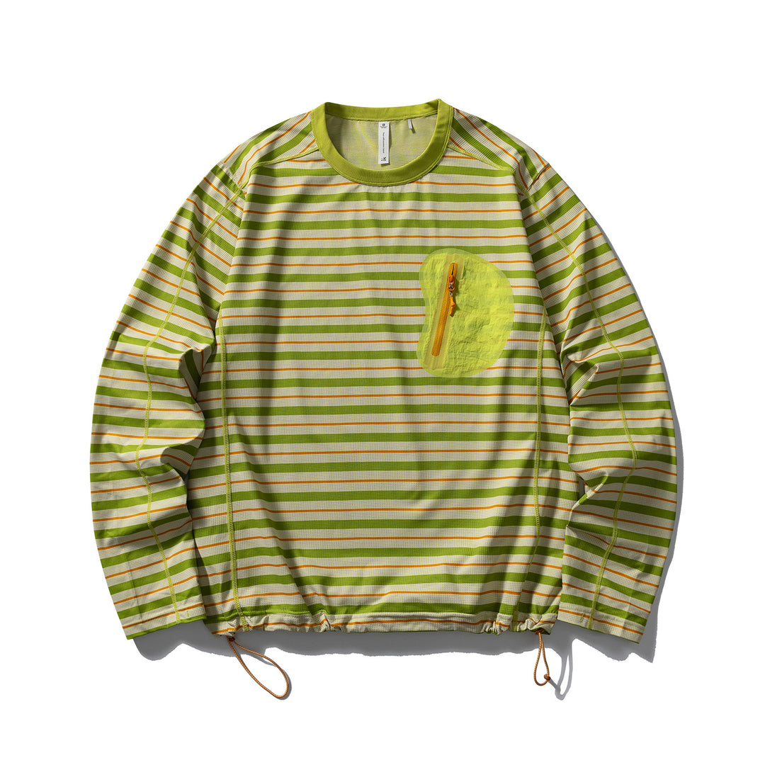 Unisex Langärmliges Gestreiftes Performance-Sweatshirt mit Brust-Reißverschlusstasche und Tunnelzug Drune