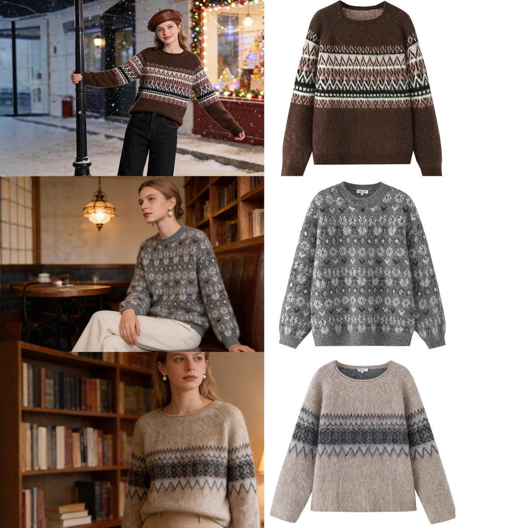 Damen Oversize Mohair-Mix Pullover mit Rundhals und Fair-Isle-Muster Drune