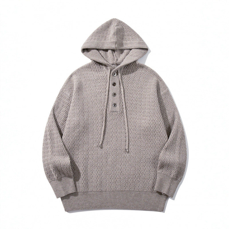 Unisex Strukturstrick-Hoodie mit halber Knopfleiste und Tunnelzugkapuze Drune