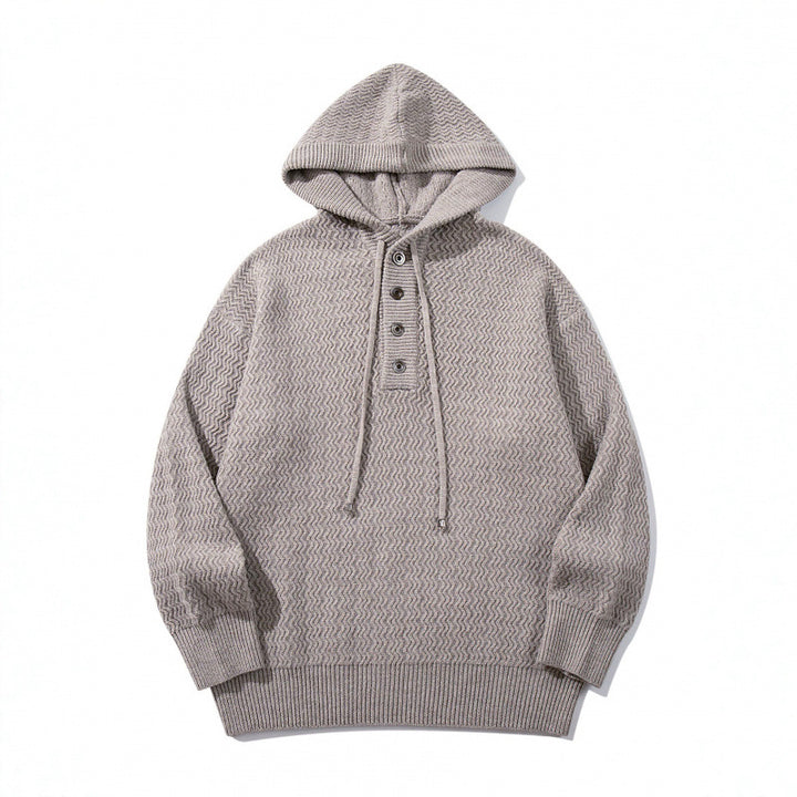 Unisex Strukturstrick-Hoodie mit halber Knopfleiste und Tunnelzugkapuze Drune