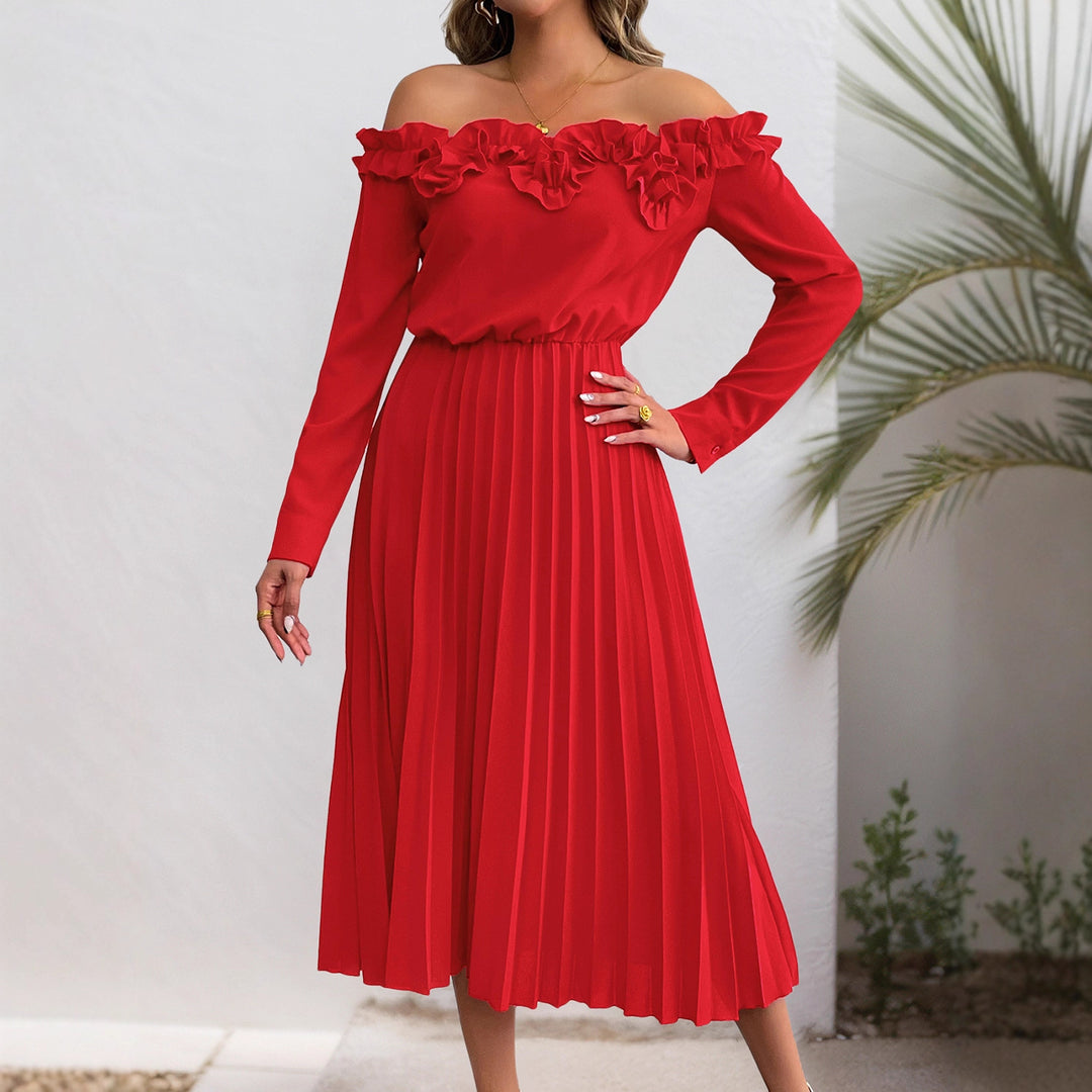 Damen Elegantes Off-Shoulder Plissee Kleid Drune