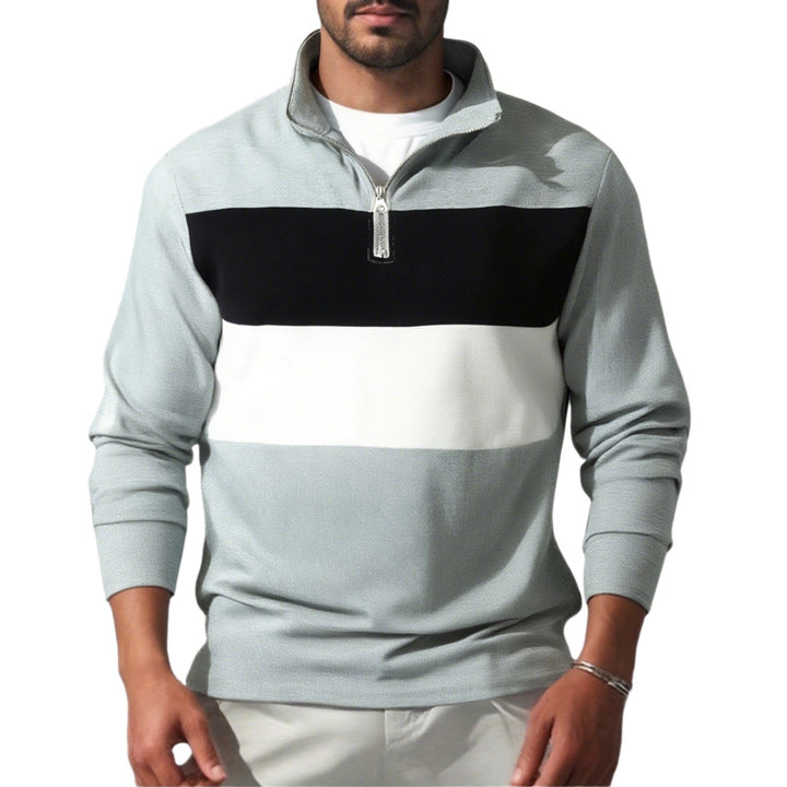 Herren nan Sweatshirt mit halbem Reißverschluss, Stehkragen und markanten Blockstreifen Drune