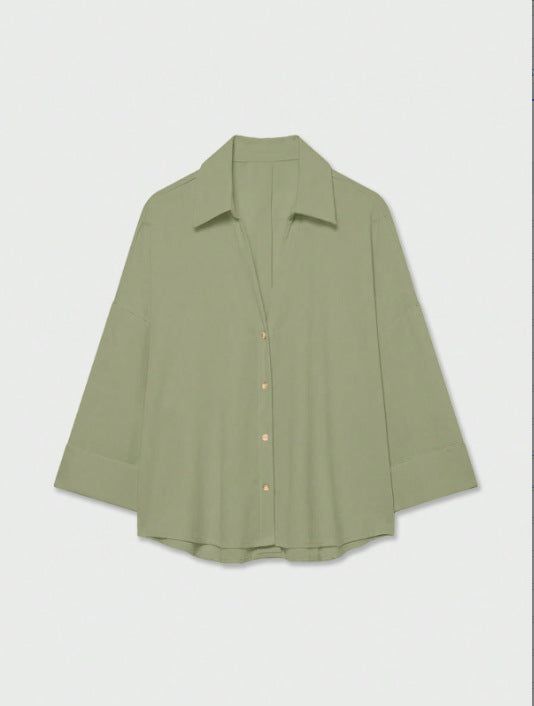 Damen Leichte Oversize Leinenoptik Bluse mit Dreiviertelärmeln und durchgehender Knopfleiste Drune