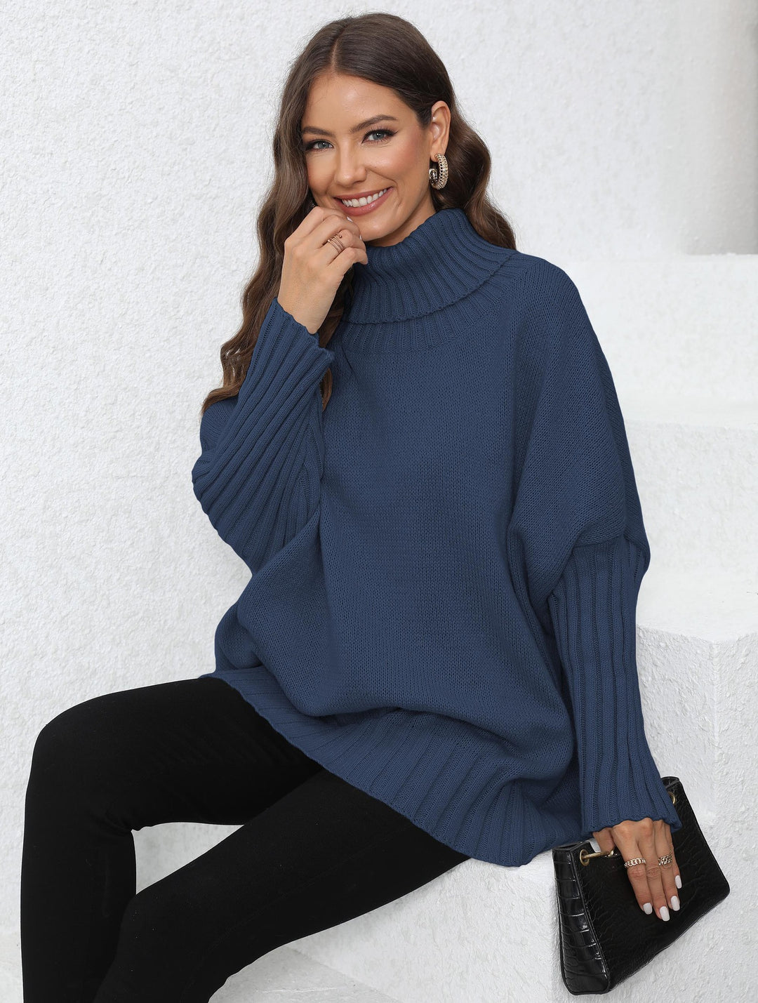 Damen Oversized Strickpullover mit hohem Kragen und voluminösen Ärmeln Drune