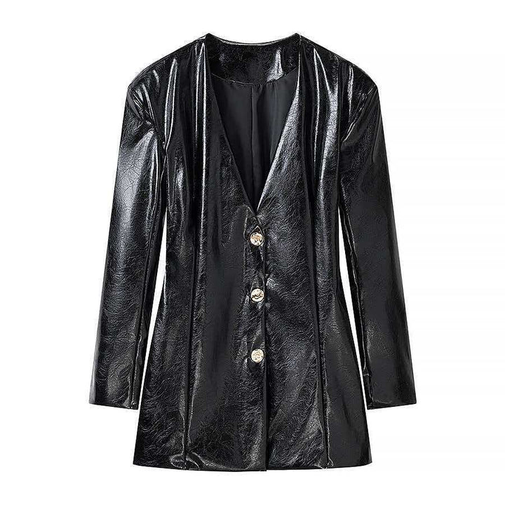 Damen Langer Lackleder-Blazer mit taillierter Silhouette, tiefem V‑Ausschnitt und Zierknöpfen Drune