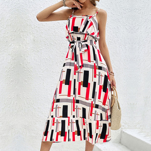 Damen Midi-Kleid mit grafischem Design und Taillengürtel Drune