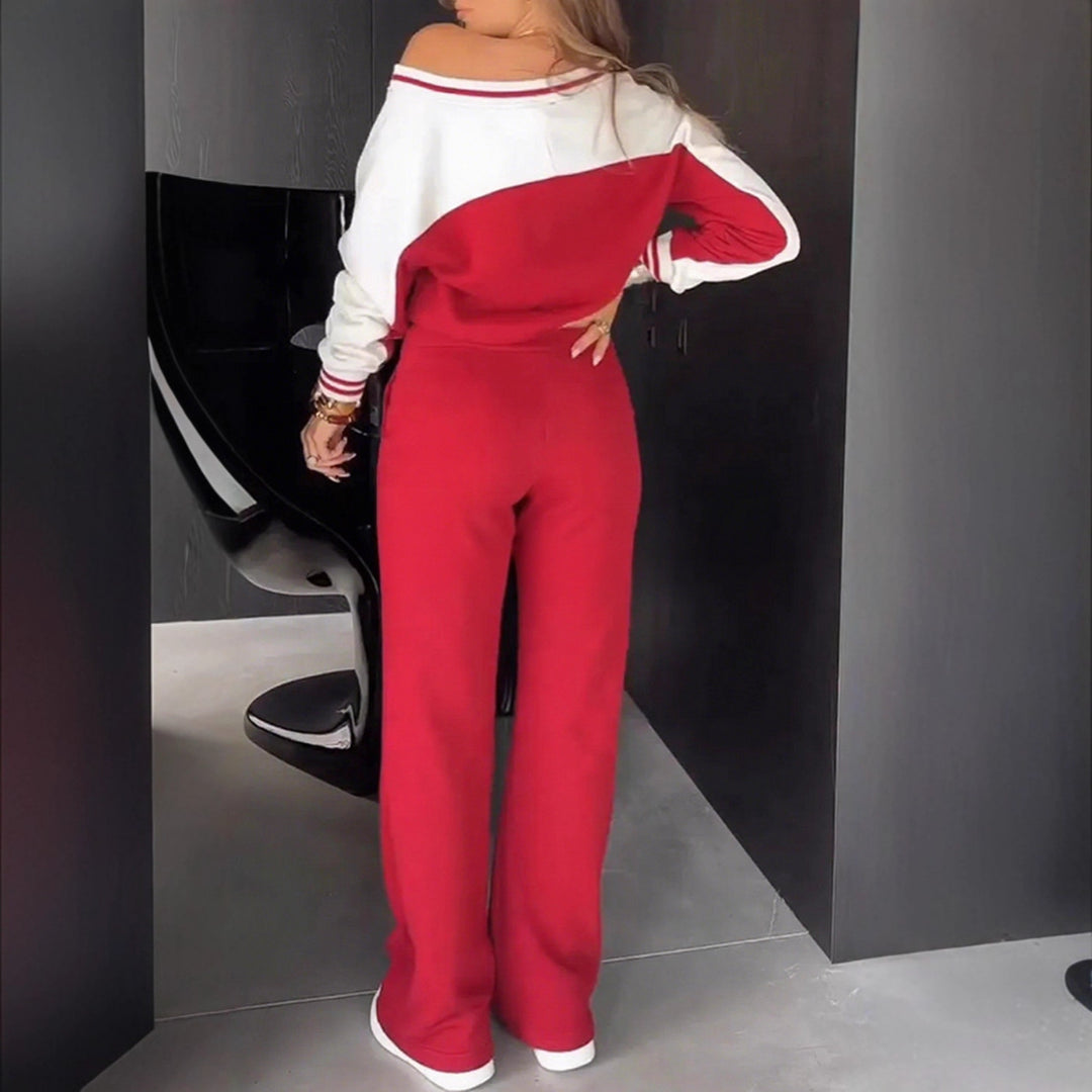 Damen nan sportlich-elegantes Zweiteiler-Set aus Baumwollmix mit V-Ausschnitt Sweatpullover und hochgeschnittener Schlaghose Drune