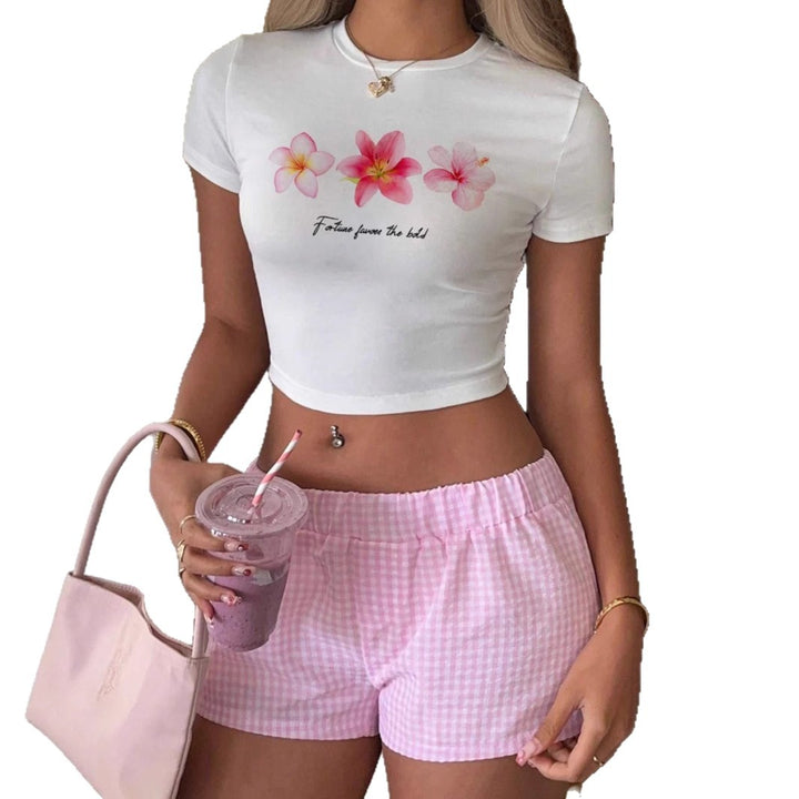 Damen Crop-Top mit floralem Druck und motivierendem Schriftzug Drune