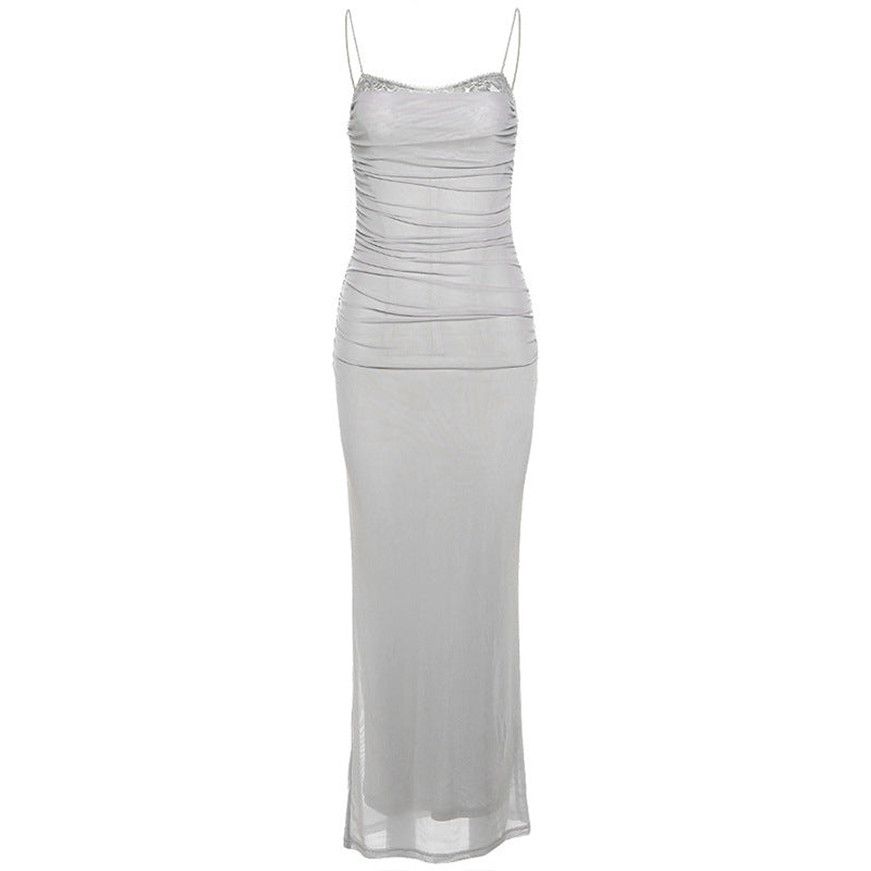 Damen Figurumspielendes Maxikleid mit eleganter Raffungen und Spaghetti-Trägern Drune