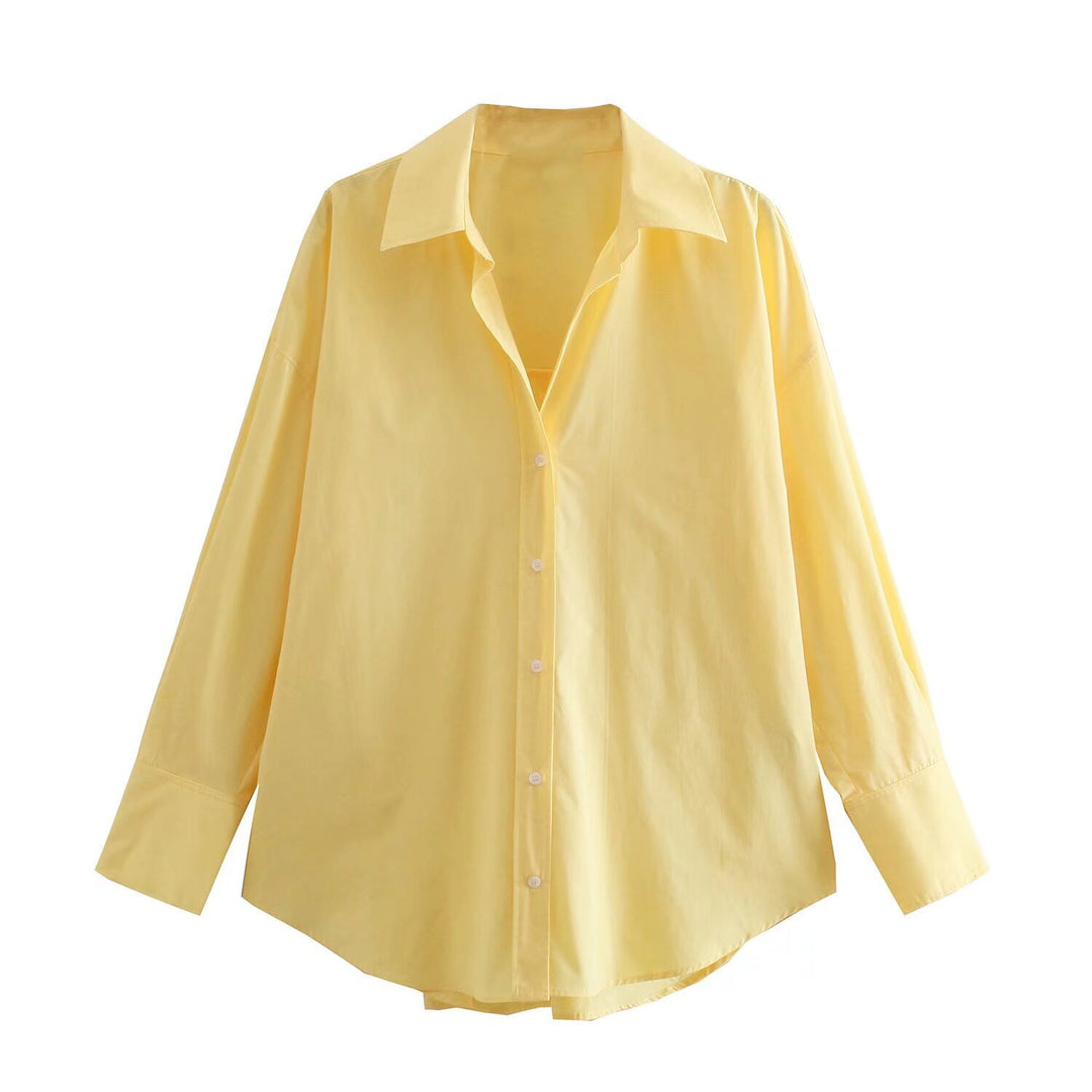Damen nan oversized Longbluse mit Kentkragen, durchgehender Knopfleiste und abgerundetem Saum Drune