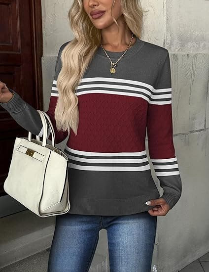 Damen modischer Strukturpullover mit kontrastierenden Farbblöcken Drune