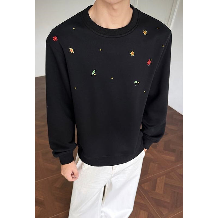 Herren Rundhals-Sweatshirt mit minimalistischer Blumenstickerei und cleanem Schnitt Drune