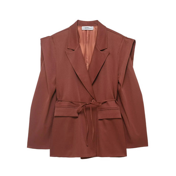 Damen nan taillierter Blazer mit markanten Schulterpolstern, Bindegürtel und Pattentaschen Drune